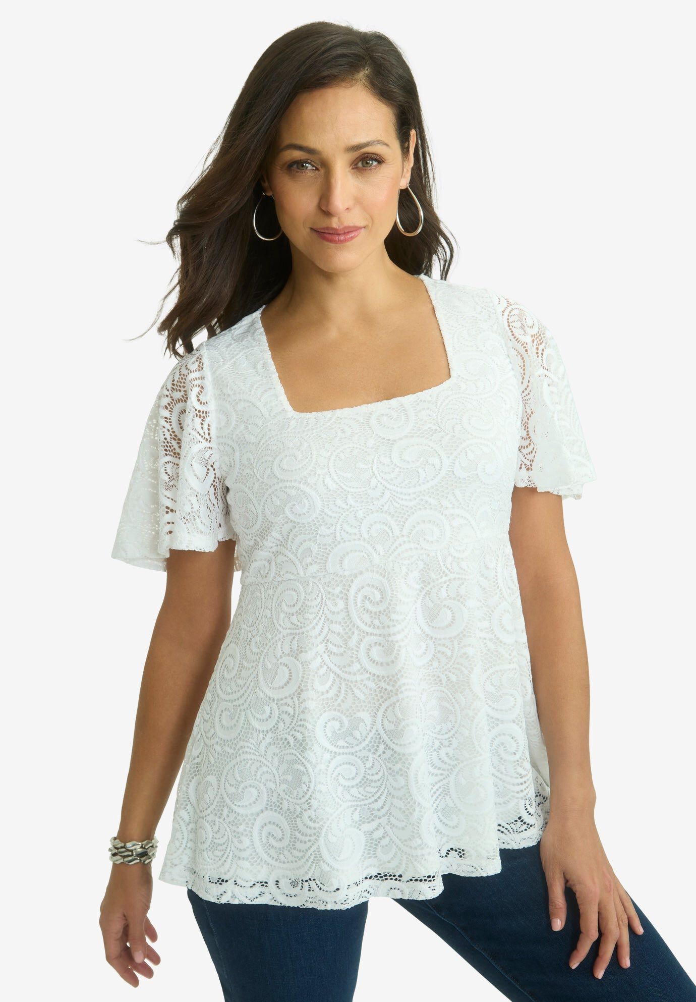 Square Neck Lace Peplum Tunic, WHITE, hi-res image number 0