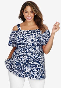 Stretch Knit Cold Shoulder Ruffle Tunic