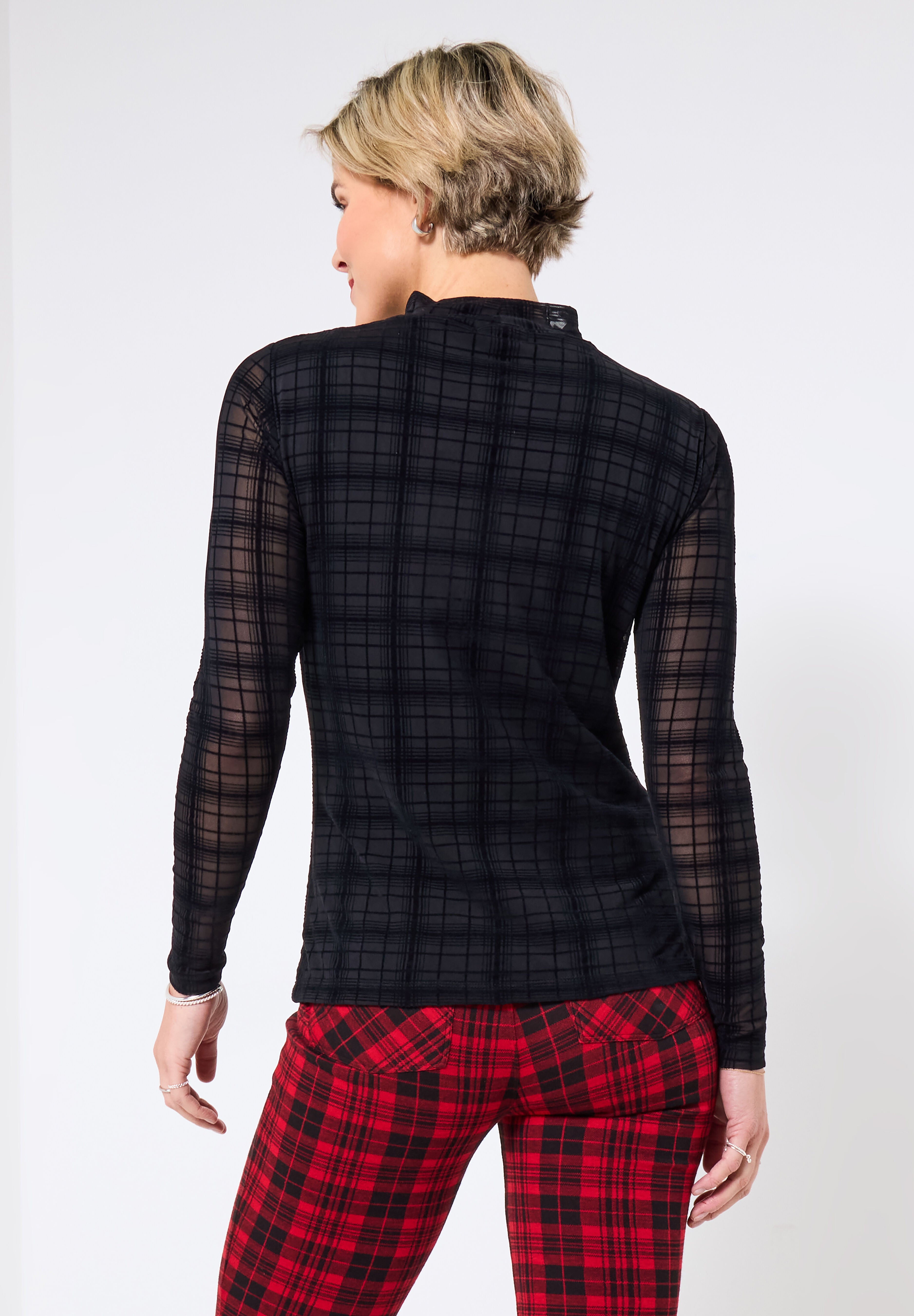 Burnout Plaid Mockneck Tee, BLACK BURNOUT PLAID, alternate image number 2