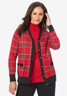 V-Neck Cardigan Sweater, RED MULTI PLAID, hi-res image number null