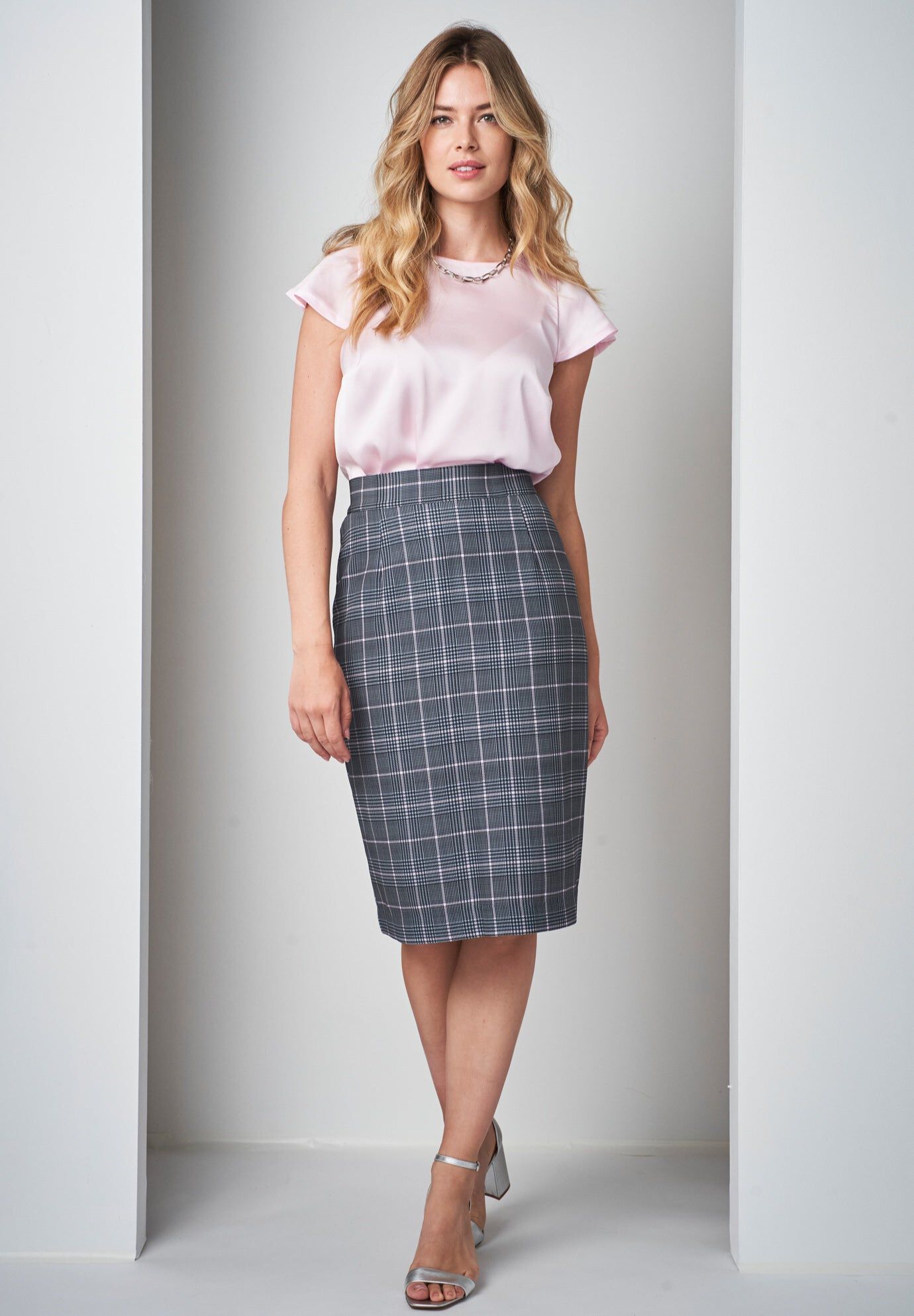 Tummy Control Bi-Stretch Pencil Skirt, GREY SKY STRIPE PLAID, hi-res image number 0
