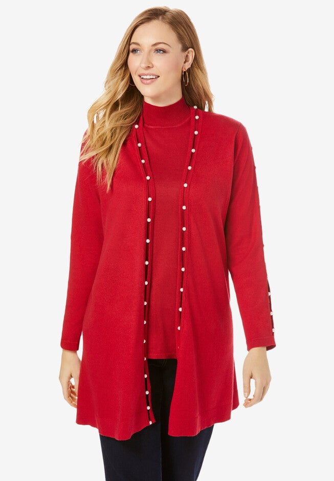 Pearl Trim Sweater Duster, CLASSIC RED, hi-res image number 0