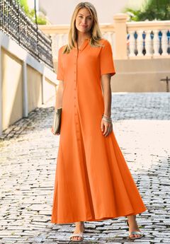 Stretch Cotton Button Front Maxi Dress