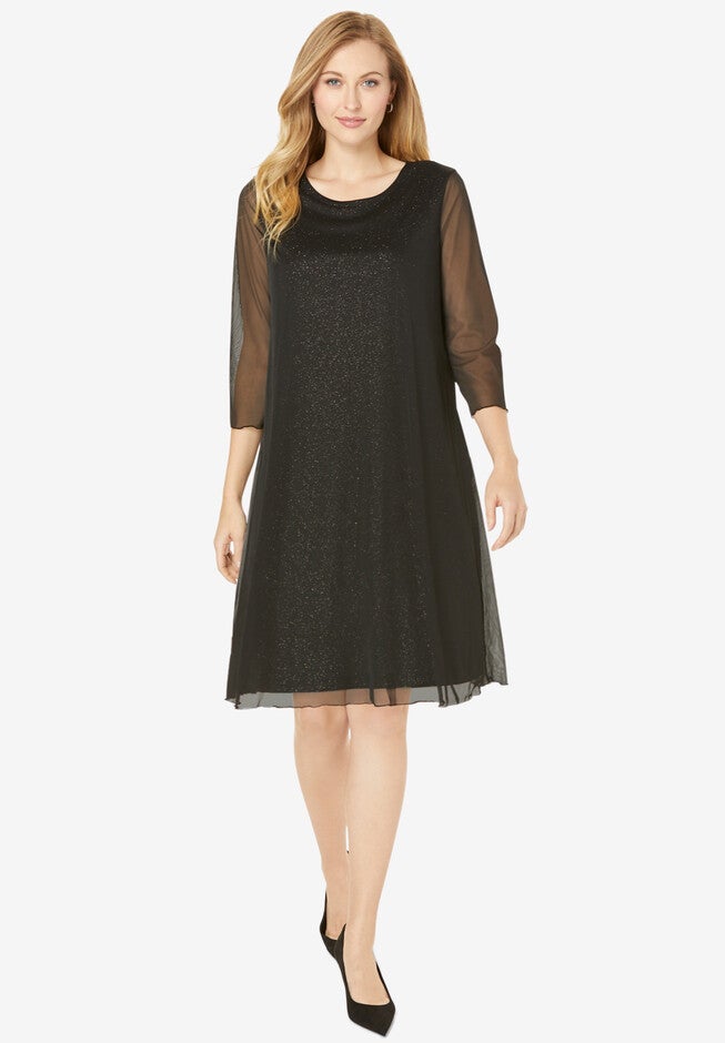 Sheer Cocktail Dress - Plus Size Shimmer Overlay, Black | Woman Within Sheer Cocktail Dress - Plus Size Shimmer Overlay, Black | Woman Within
