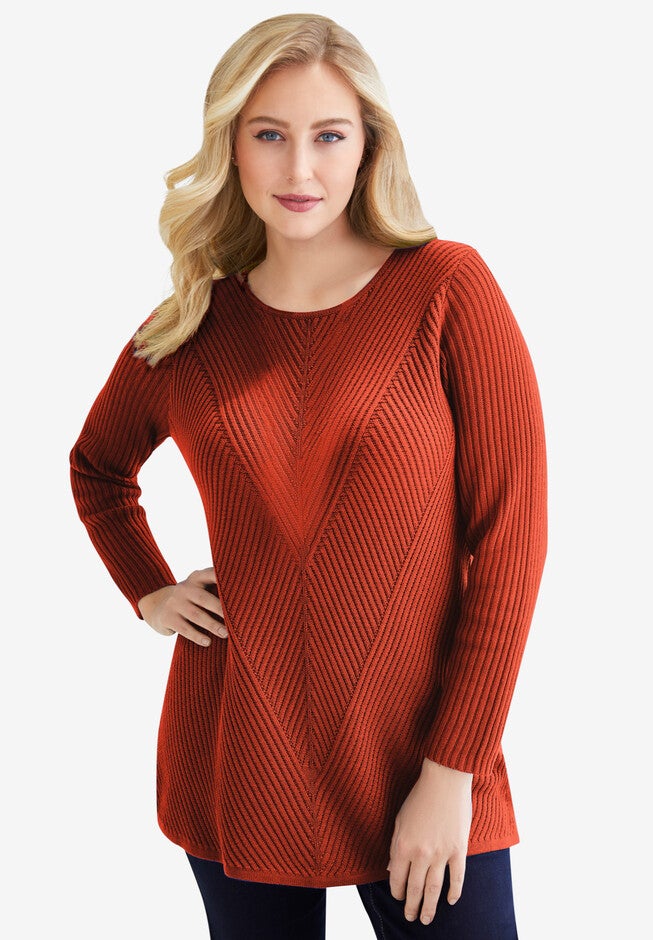 Ribbed Pullover Tunic Sweater, PAPRIKA RED, hi-res image number 0