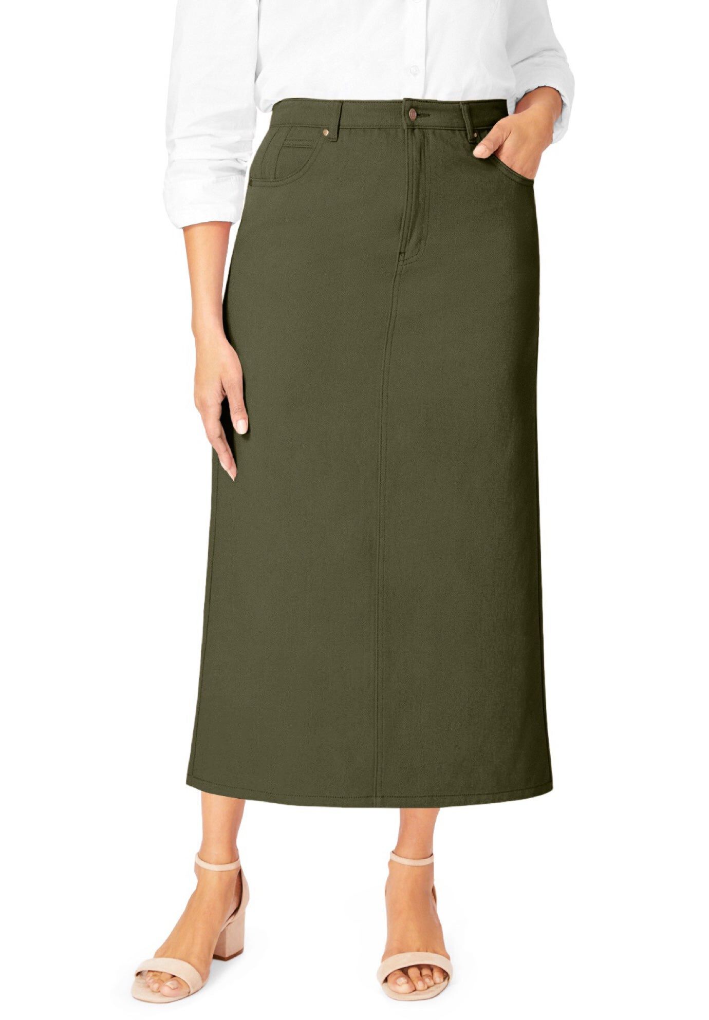 Classic Cotton Denim Midi Skirt, DARK OLIVE GREEN, hi-res image number 0