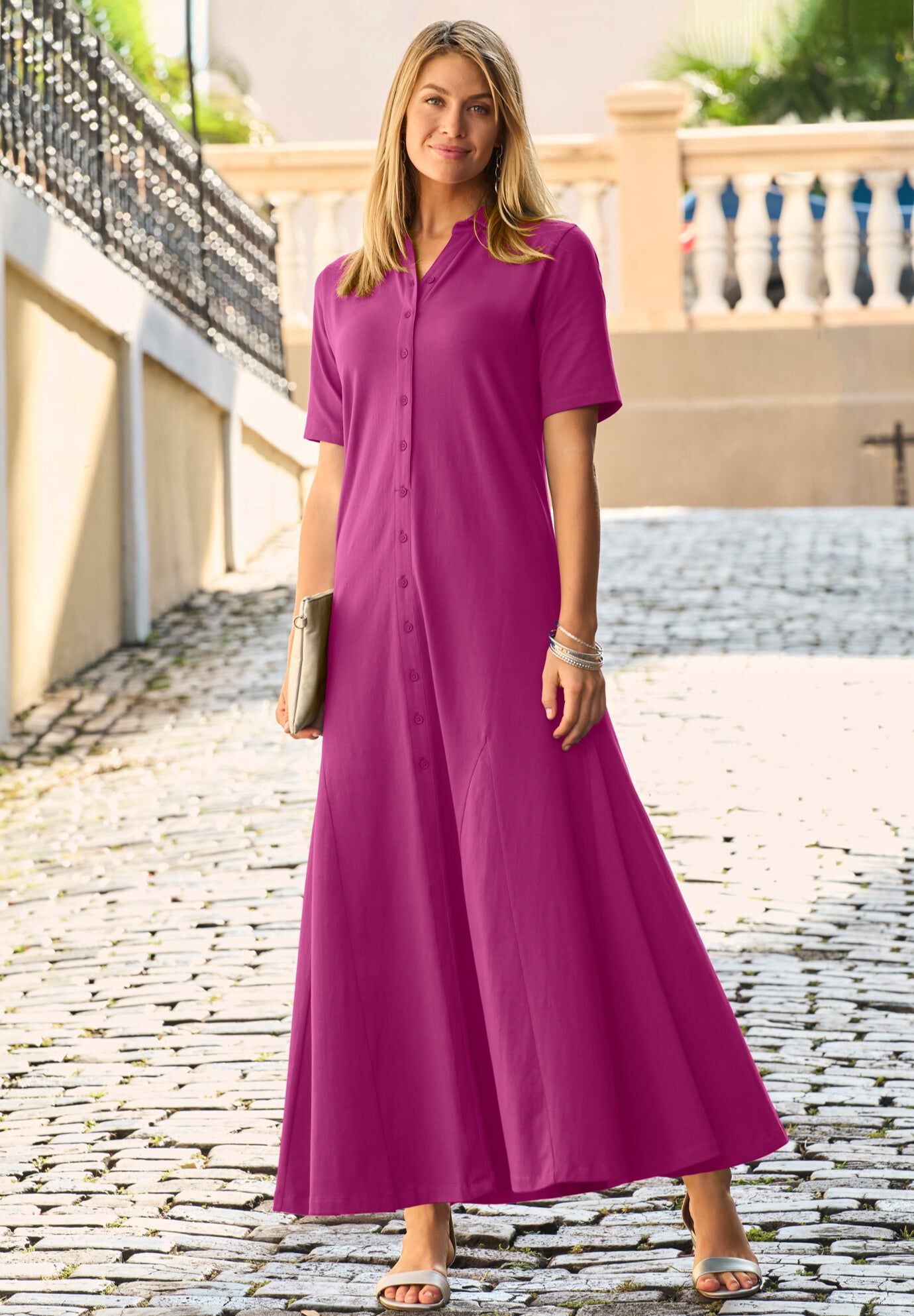 Stretch Cotton Button Front Maxi Dress, RASPBERRY, hi-res image number 0