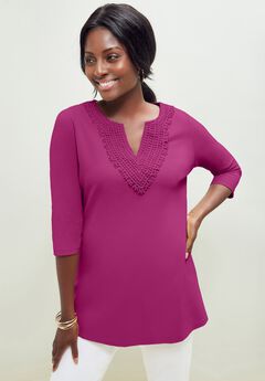Stretch Cotton Crochet Notch Neck Tunic