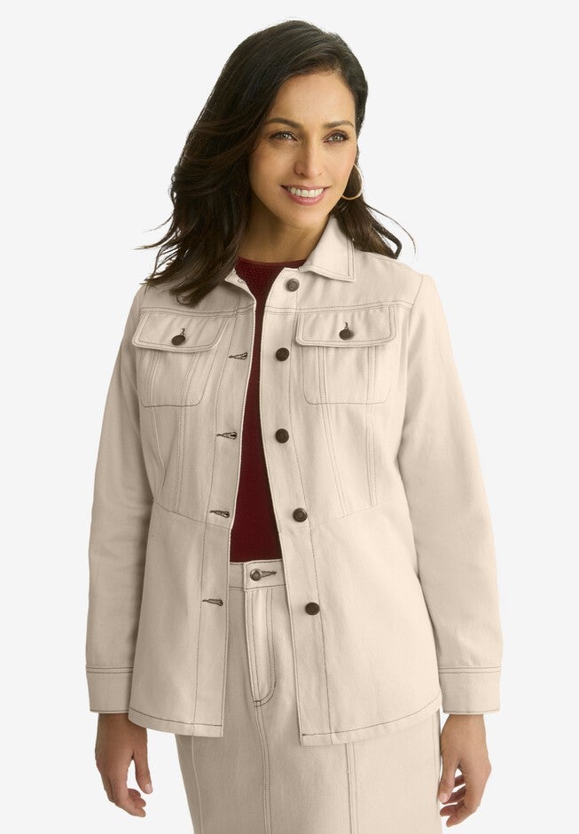 Contrast Stitch Peplum Denim Jacket, OATMEAL, hi-res image number 0