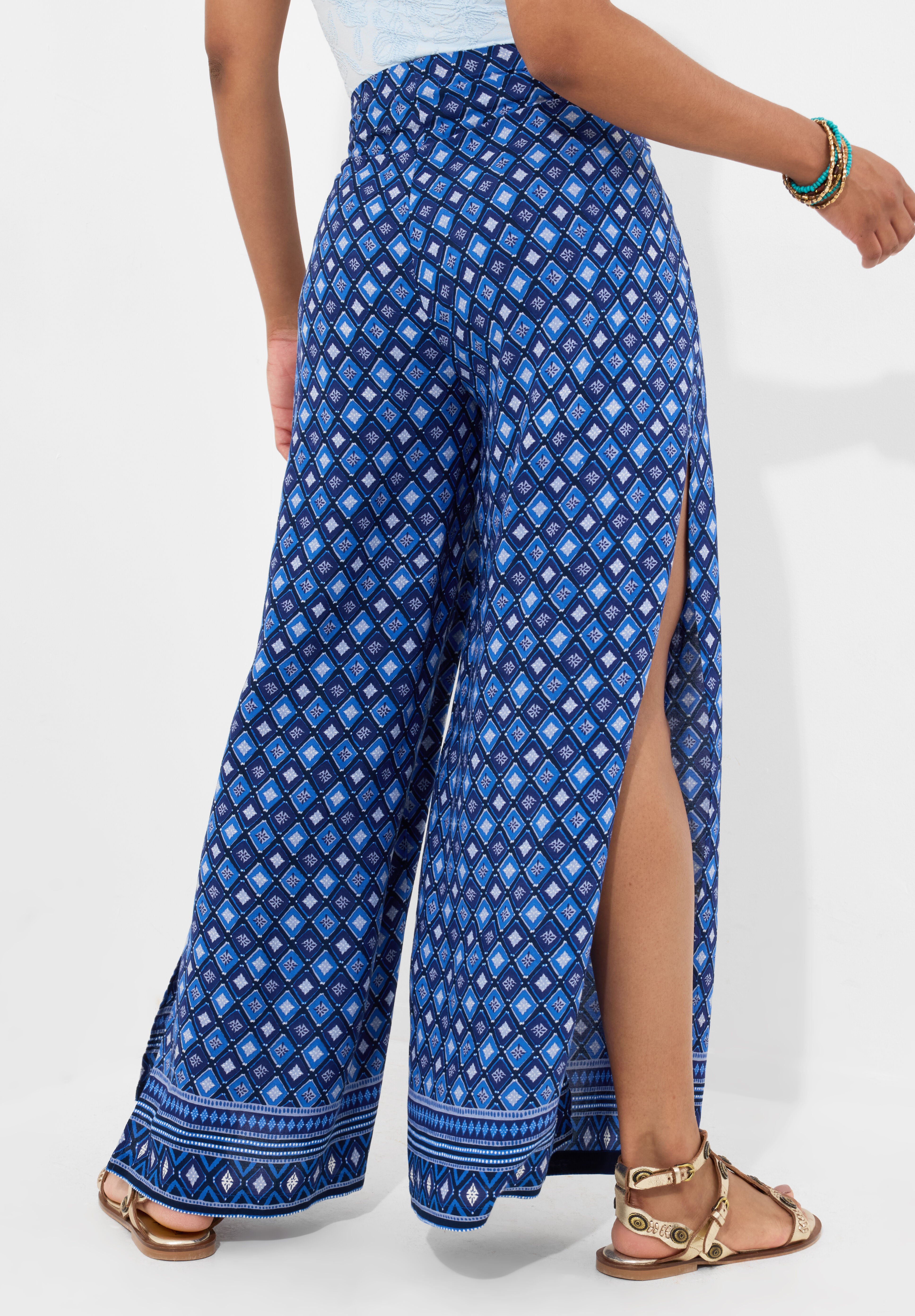 Wide Leg Tie-Front Pants, BLUE GEO MEDALLION, alternate image number 3