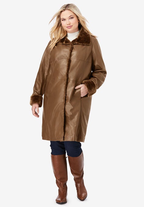 Fur Trim Leather Swing Coat