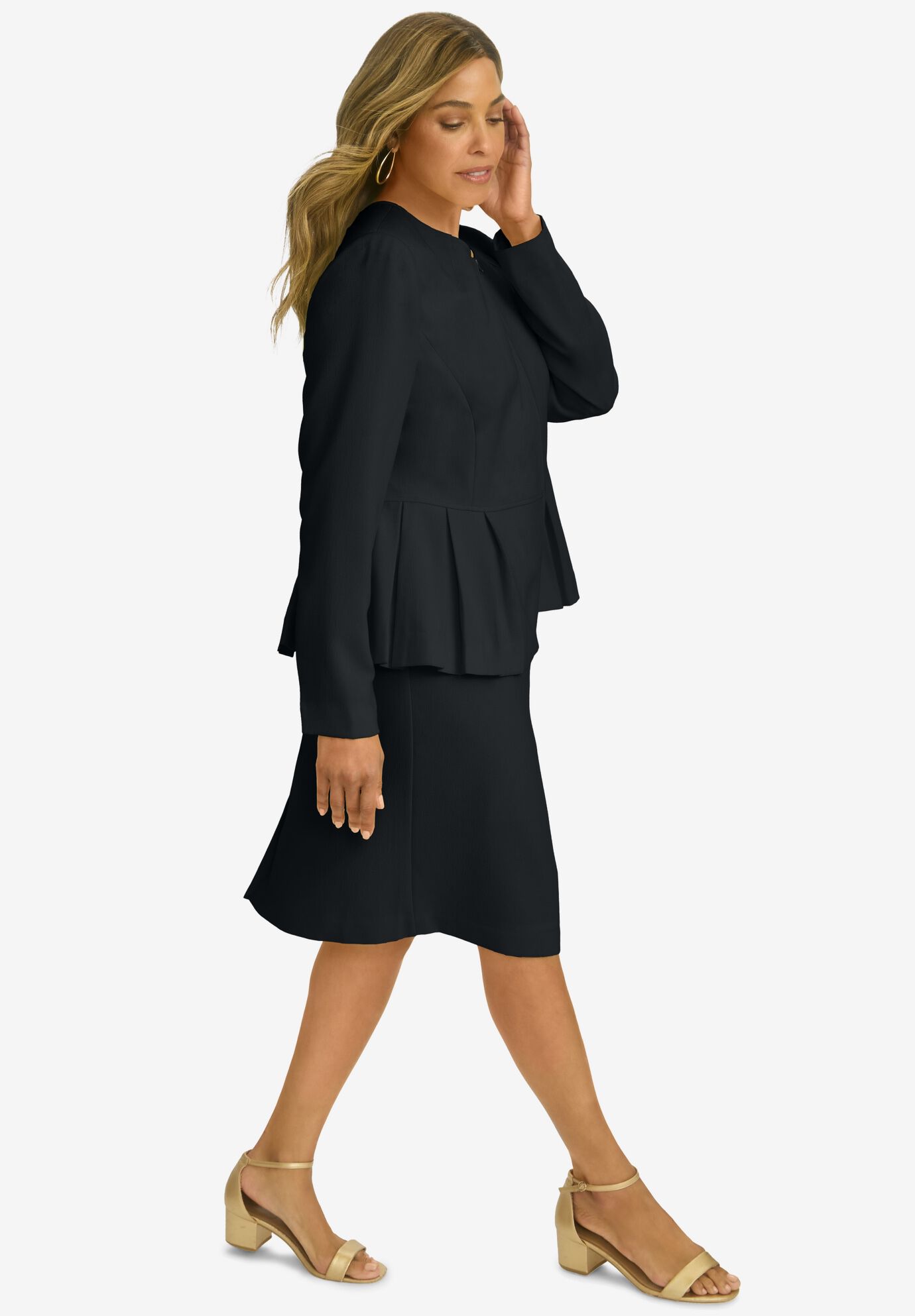 Collarless Peplum Skirt Suit, BLACK, alternate image number 2