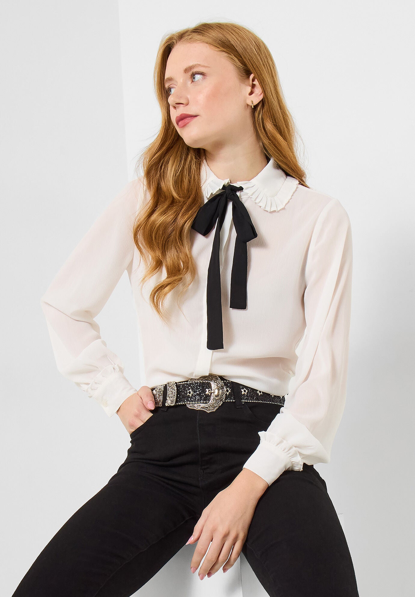 Tie Neck Blouse, WHITE, hi-res image number 0