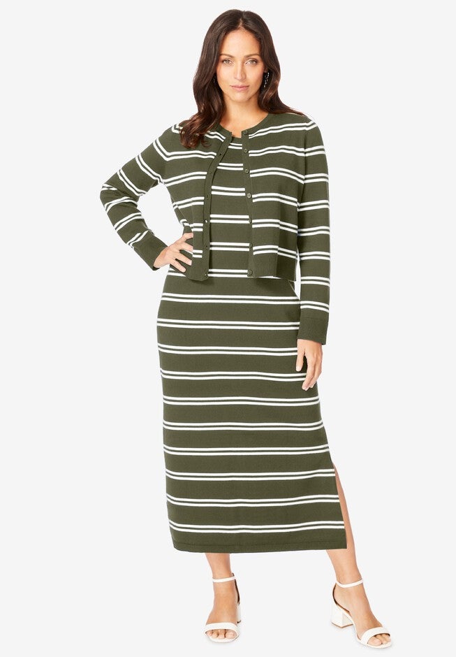 Two Piece Sweater Dress Set, OLIVE GREEN DOUBLE STRIPE, hi-res image number 0