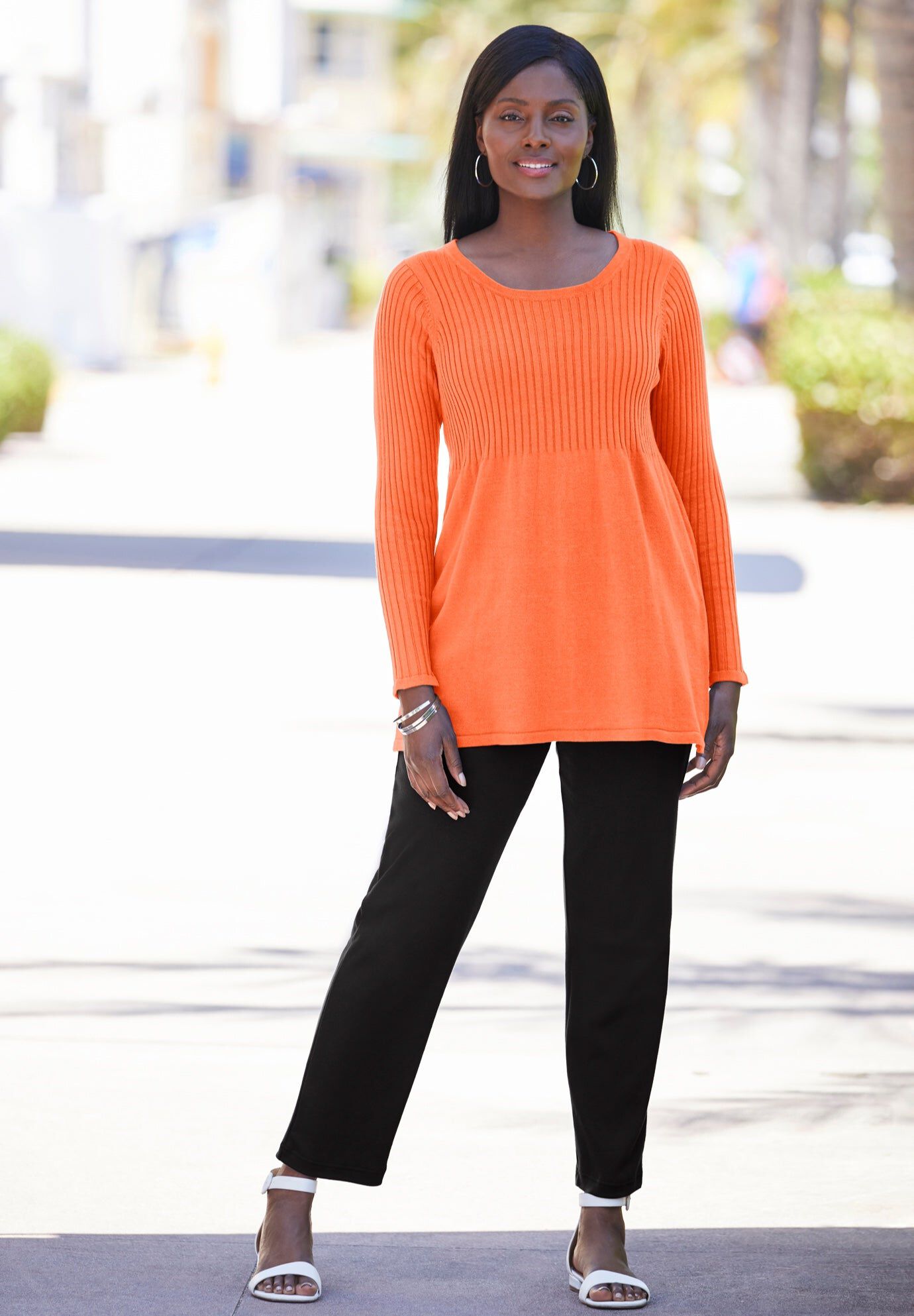 Ribbed Baby Doll Tunic Sweater, VIBRANT PAPAYA, hi-res image number 0