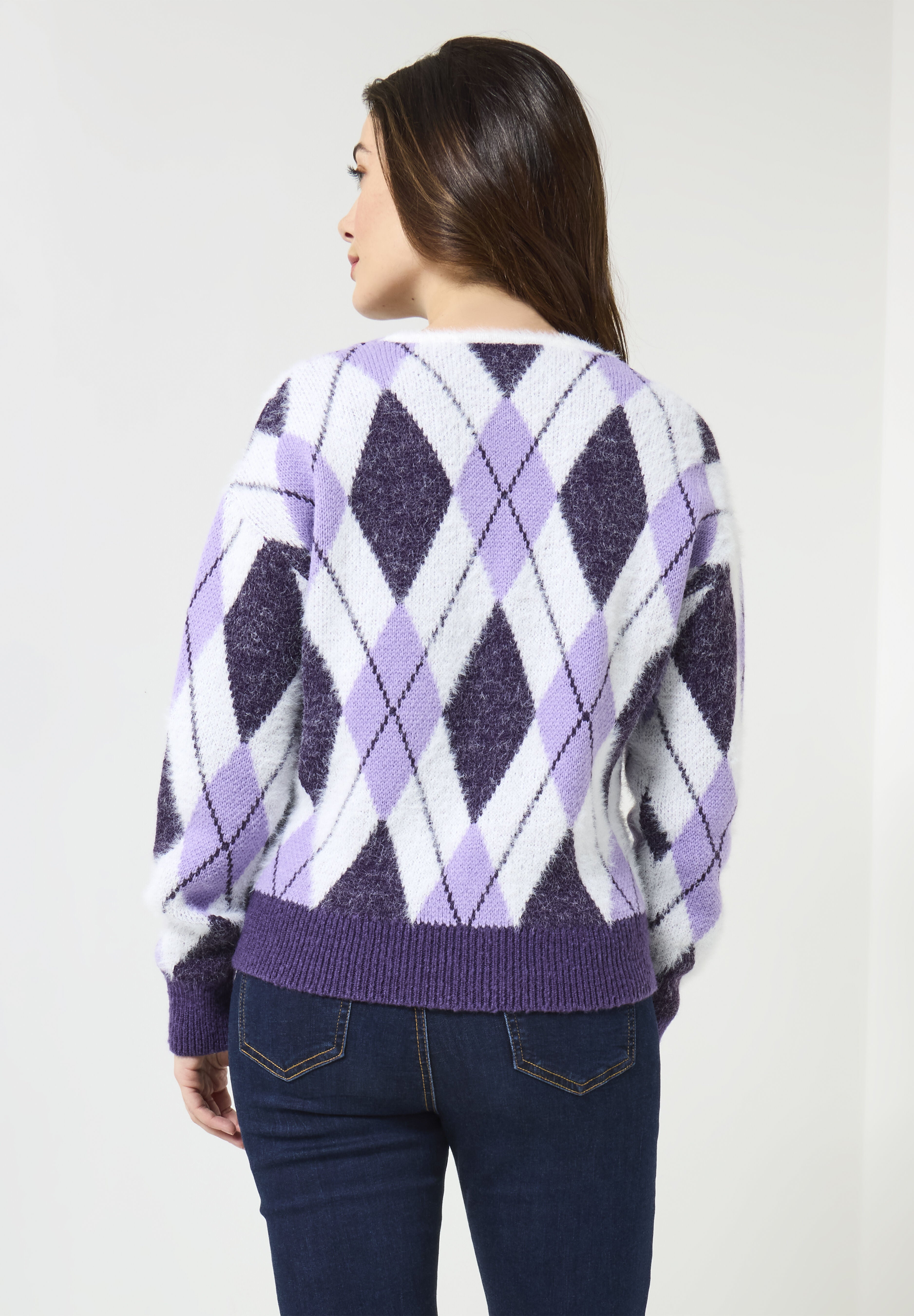 Fuzzy V-Neck Cardigan, VIOLET ARGYLE, on-hover image number 1