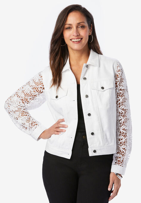 Lace Sleeve Denim Jacket, WHITE, hi-res image number null