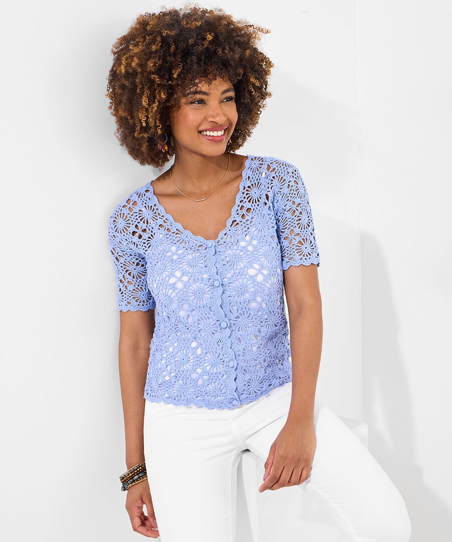 Crochet V-Neck Cardigan, FRENCH BLUE, hi-res image number 0