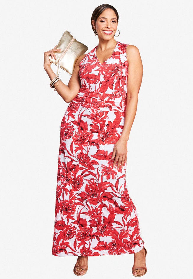 V-Neck Maxi Dress, HOT RED FLORAL, hi-res image number 0