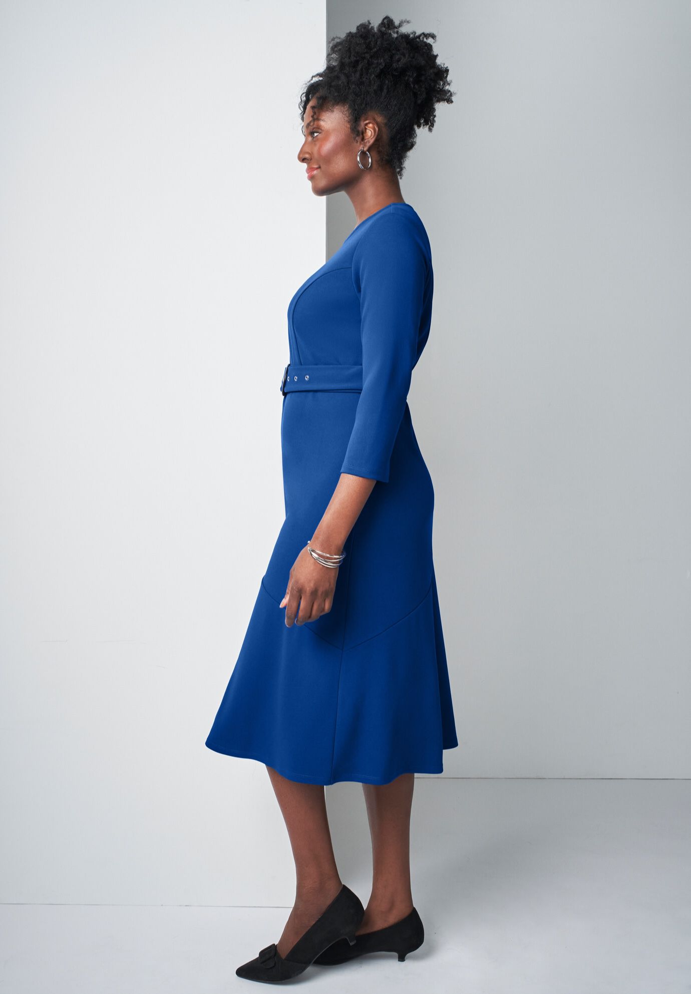 Knit Crepe Belt Dress, DARK SAPPHIRE, alternate image number 2