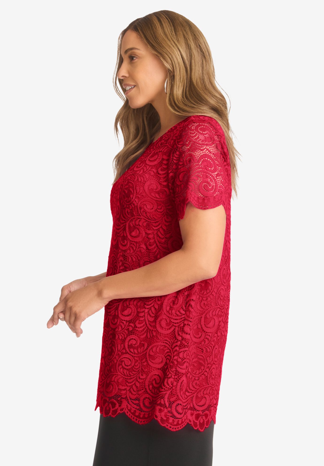 Blue Pleated Long-Sleeve Tunic Top with Lace Sleeves – 2XL main image 1