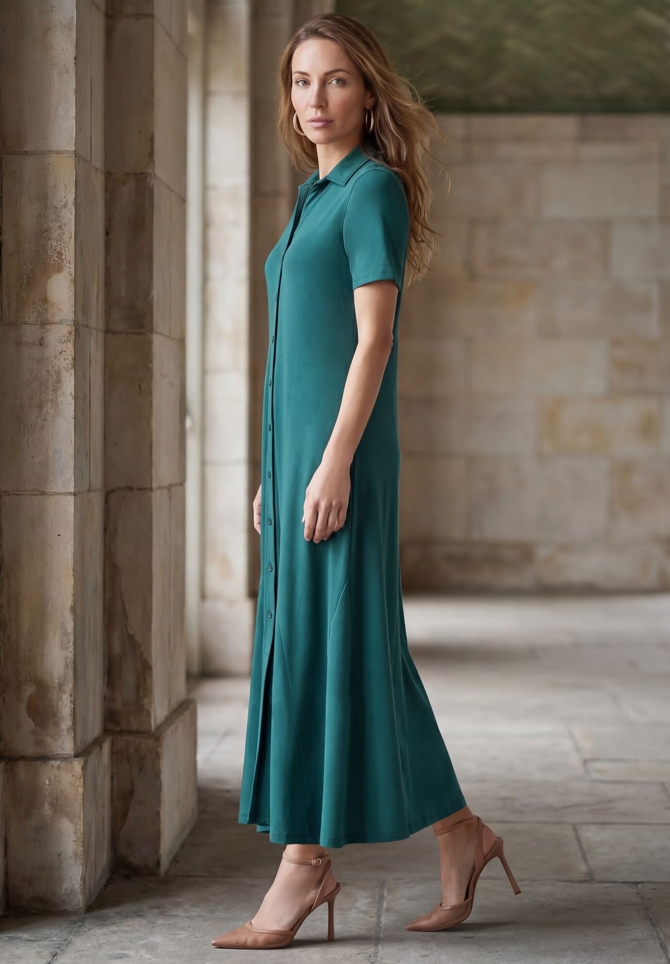 Stretch Cotton Button Front Maxi Dress, MYSTIC PINE, alternate image number 2
