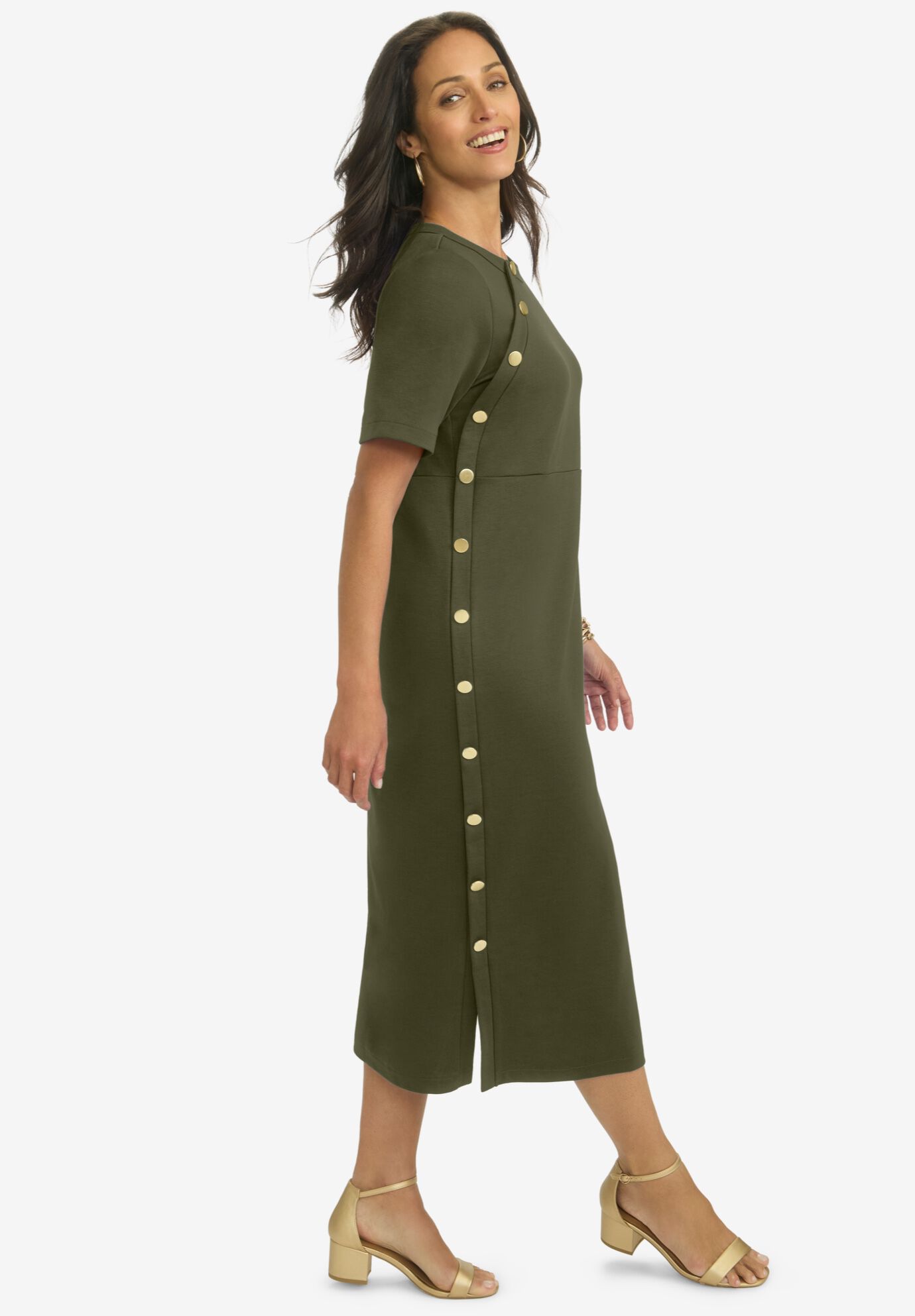 Side Button Midi Dress, DARK OLIVE GREEN, alternate image number 2