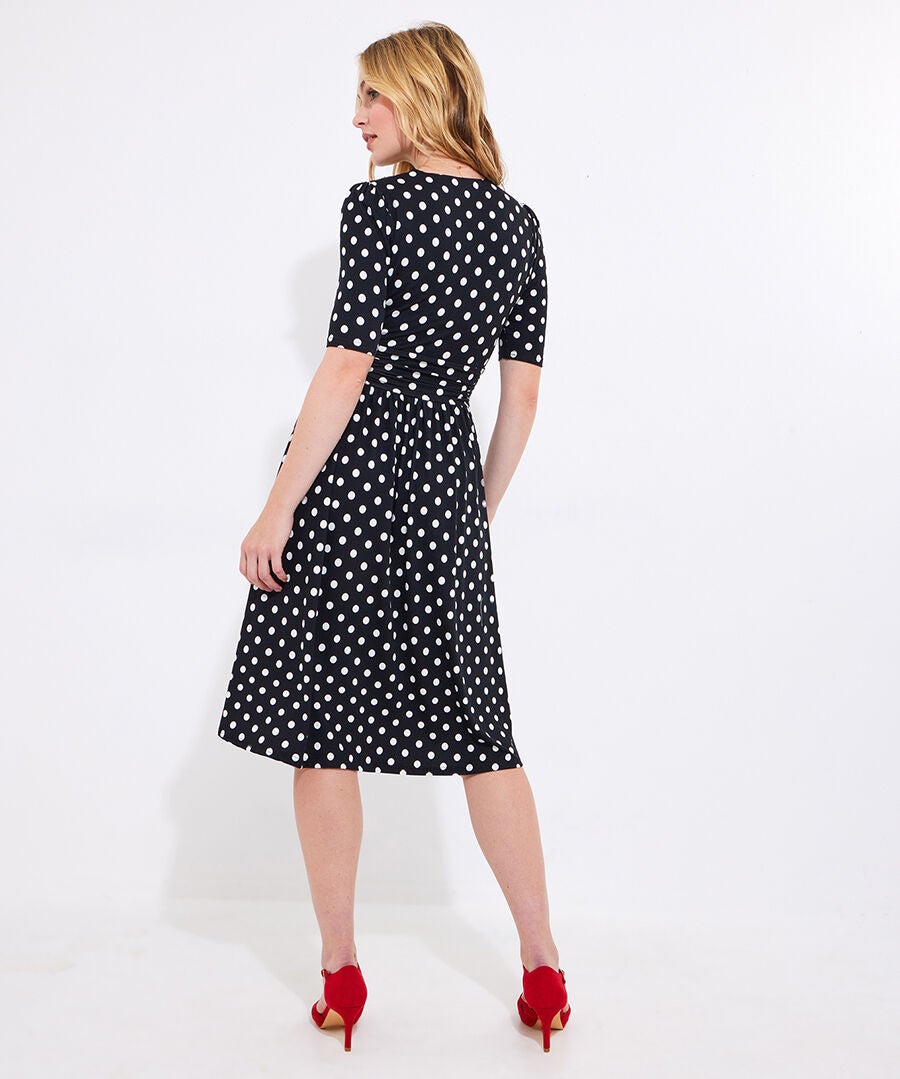 Stretch Knit Wrap Midi Dress, WHITE POLKA DOT, alternate image number 4