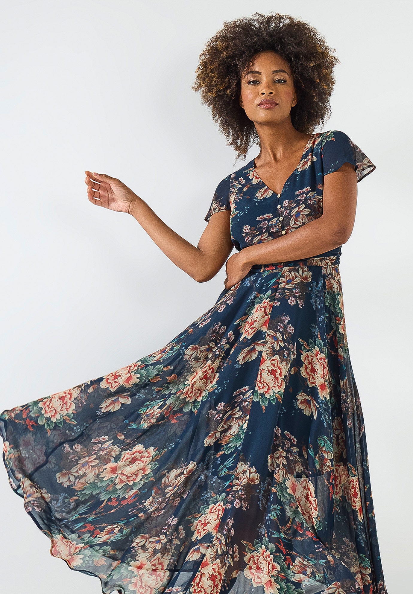 Flutter Sleeve Flyaway Maxi Dress, PRETTY PETALS, alternate image number 3