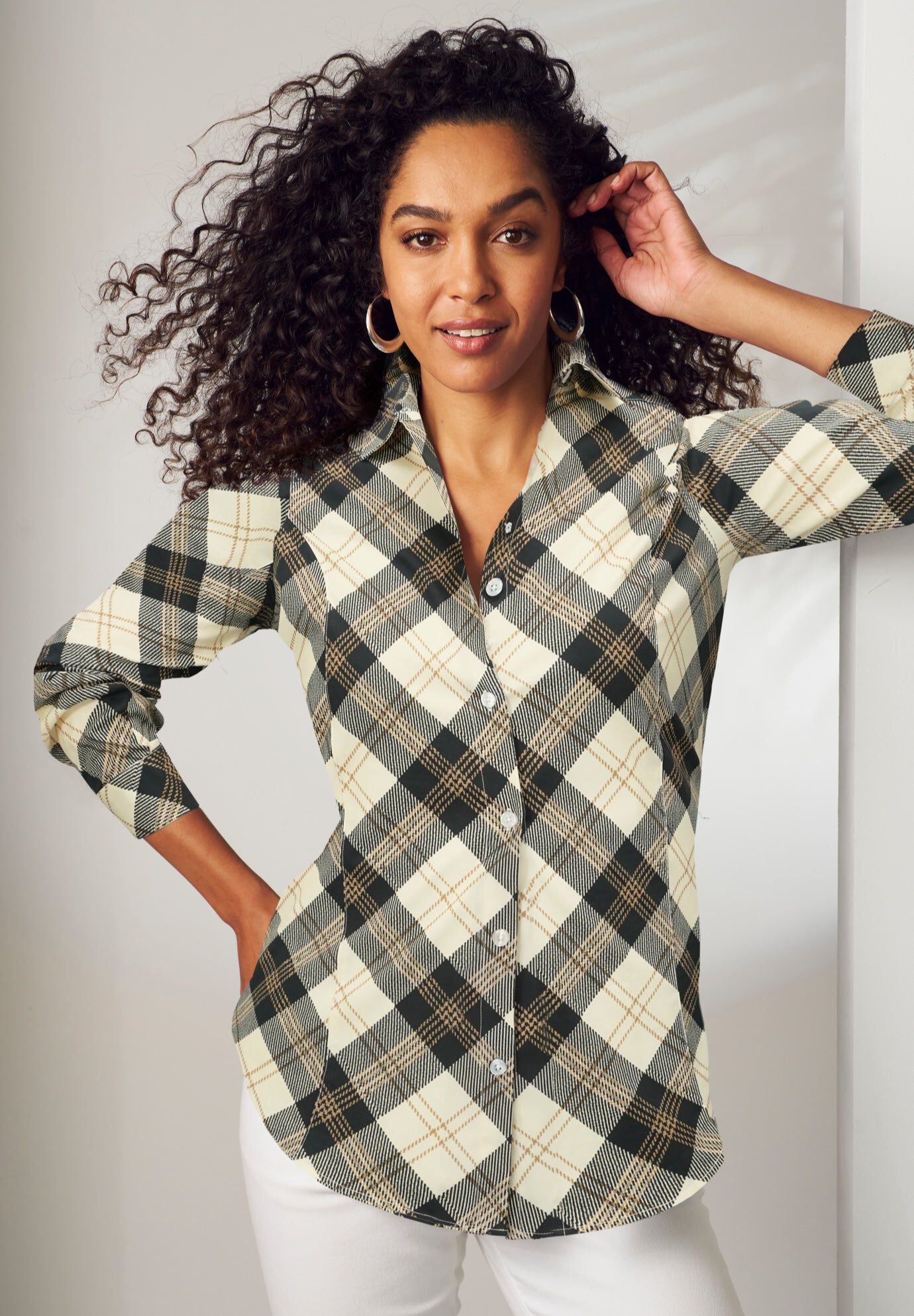 Wrinkle-Free Stretch Poplin Shirt, IVORY GOLD PLAID, hi-res image number 0