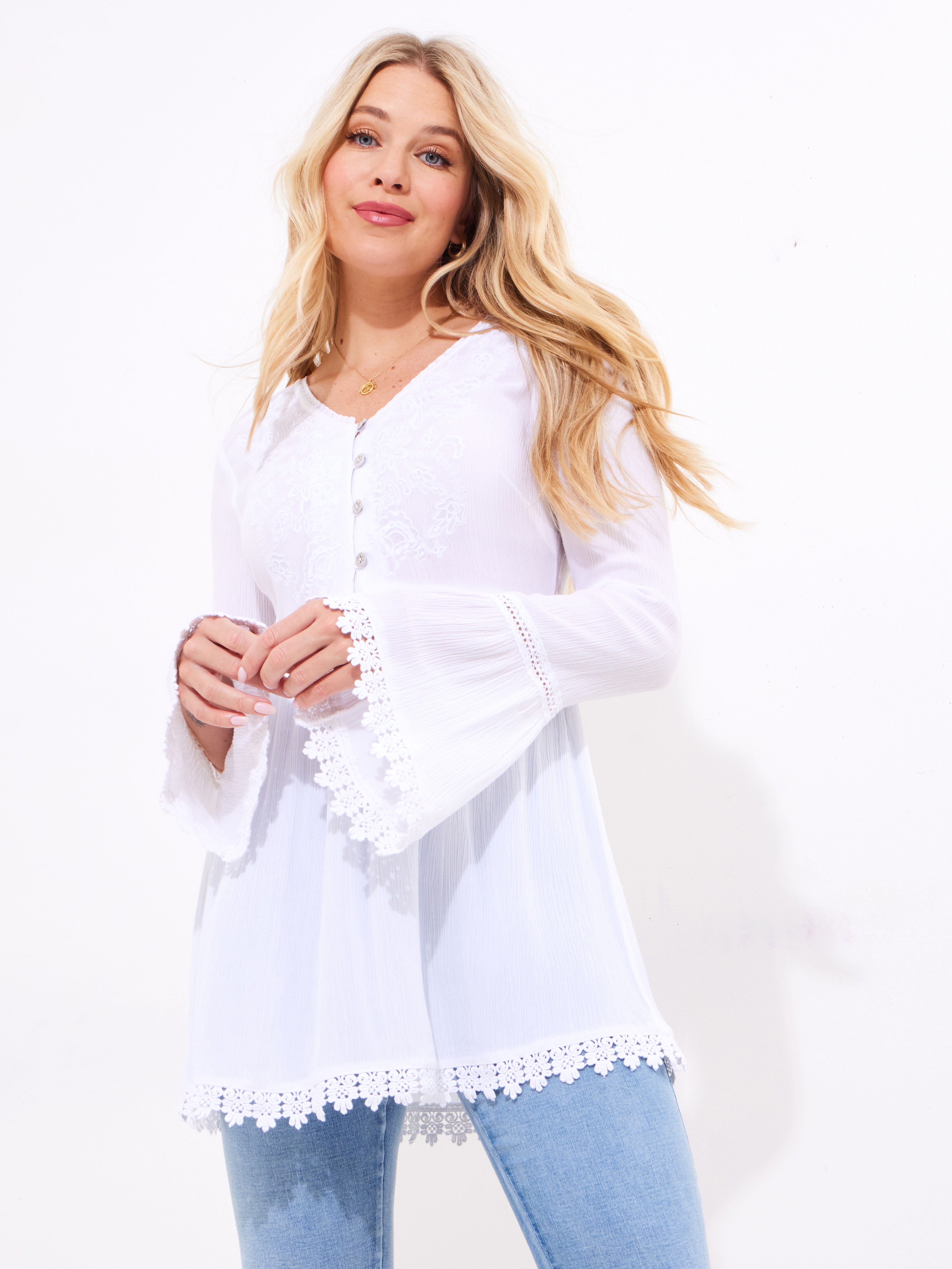 Crochet Crinkle Tunic, WHITE, on-hover image number 1