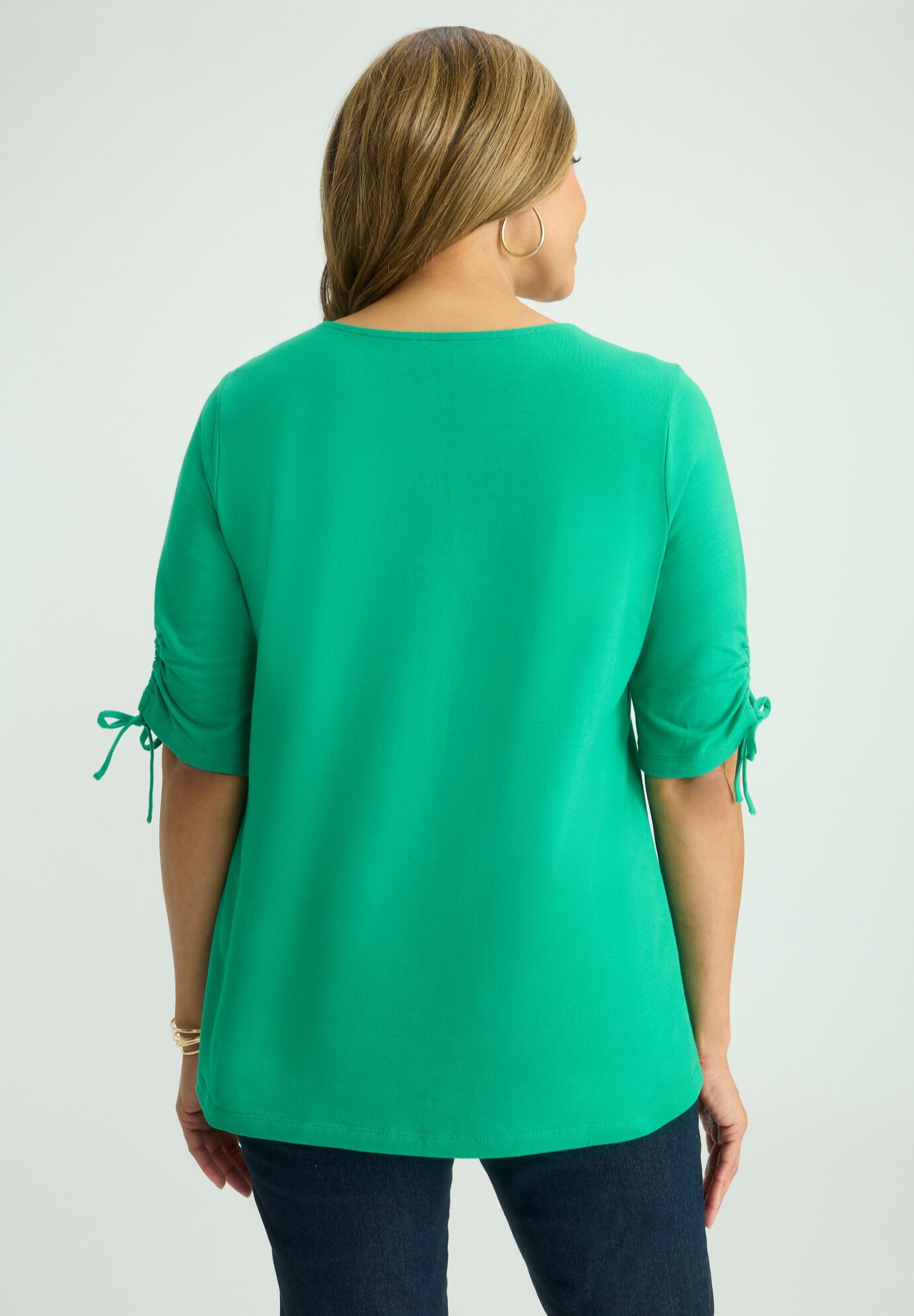 Stretch Cotton Tie Sleeve Square Neck Tee, KELLY GREEN, alternate image number 2