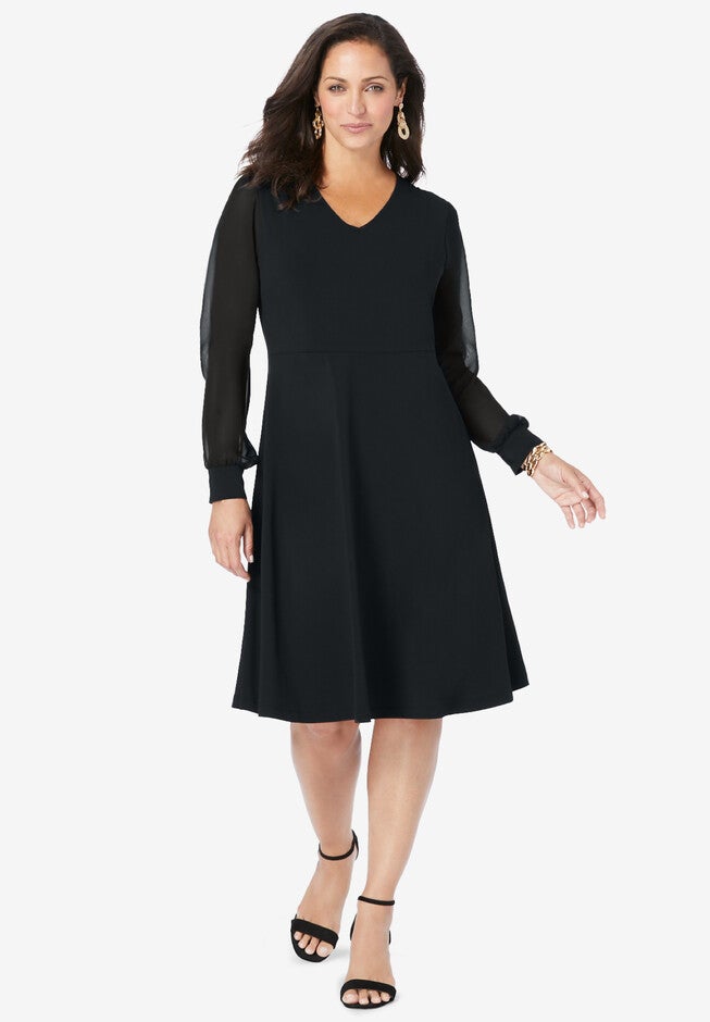 V-Neck Illusion Sleeve Dress, BLACK, hi-res image number null