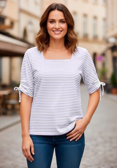 Stretch Cotton Tie Sleeve Square Neck Tee
