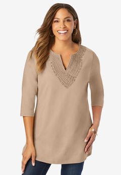 Stretch Cotton Crochet Notch Neck Tunic