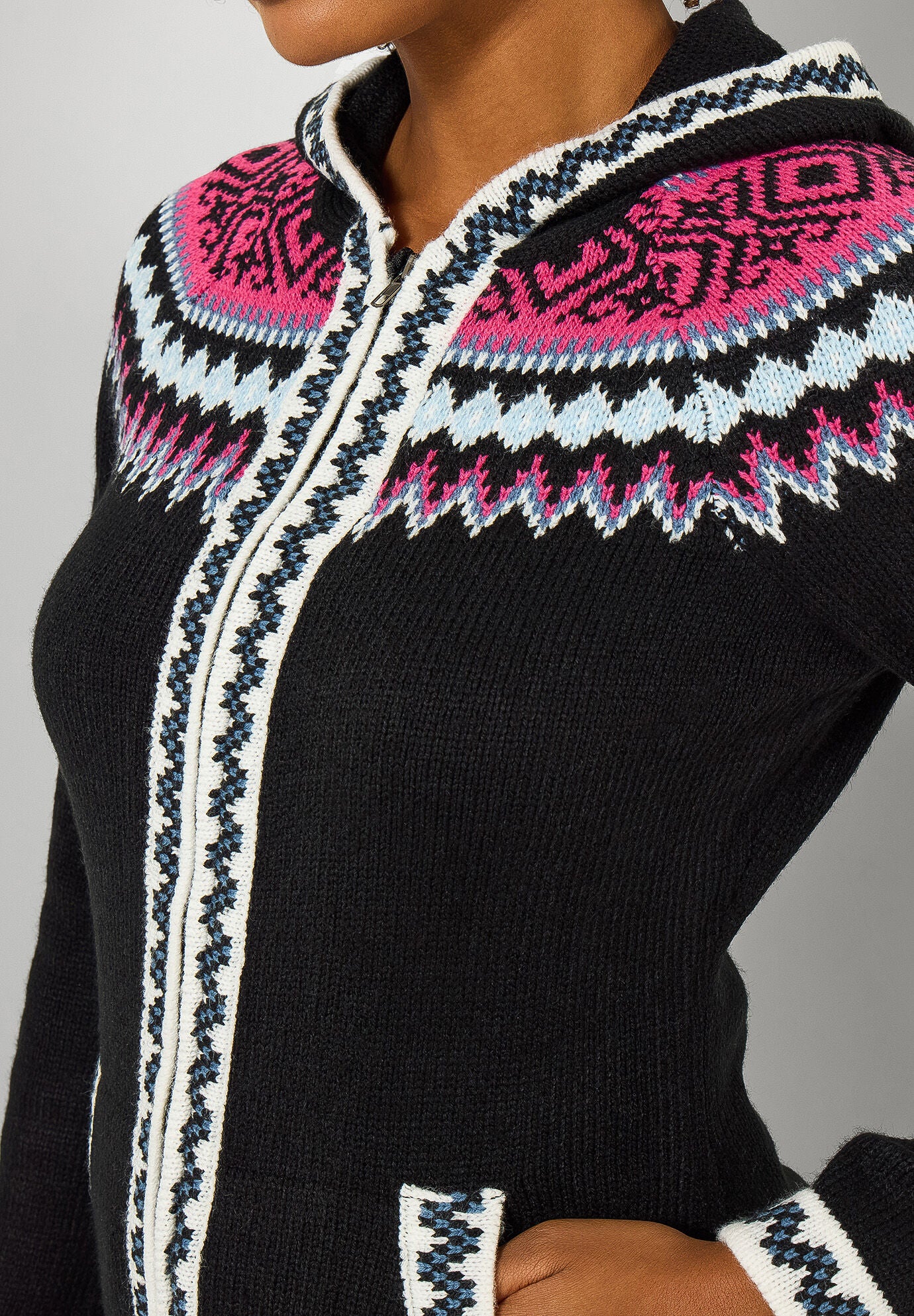 Fair Isle Drawstring V-Neck Zip Hoodie, BLACK FAIRISLE, alternate image number 2