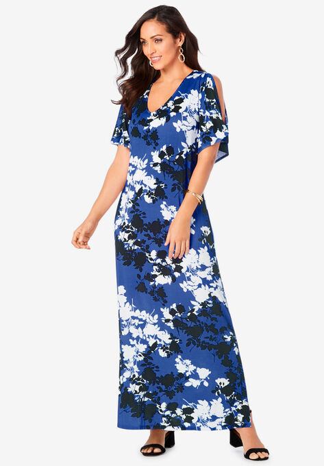 Cold Shoulder Maxi Dress, TRUE BLUE GRAPHIC FLORAL, hi-res image number null