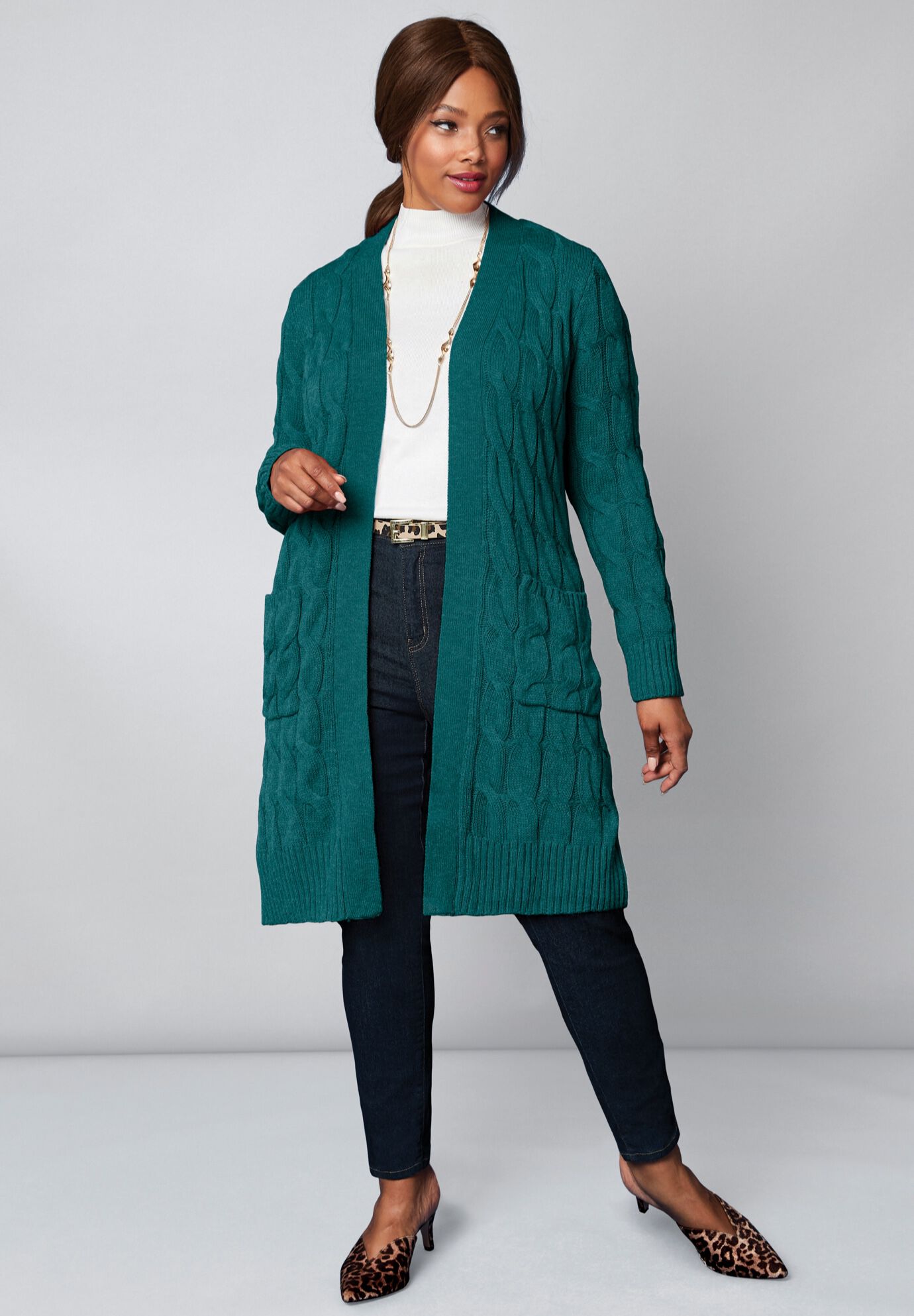Emerald Cascading Long Cardigan Duster Sweater w/ Pockets Black Plus 1X 2X 3X 