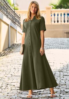 Stretch Cotton Button Front Maxi Dress