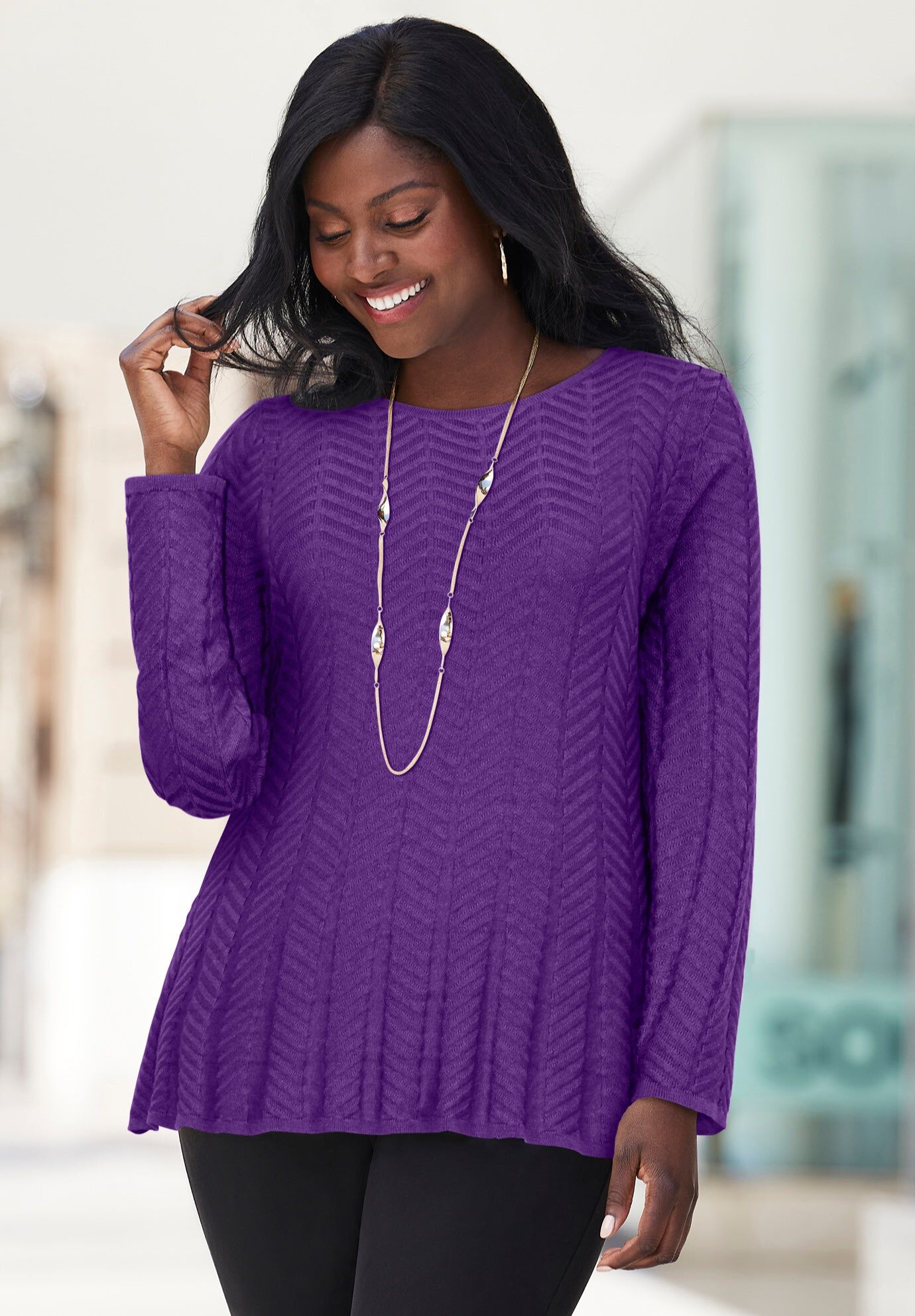 Chevron Fit & Flare Sweater, PURPLE ORCHID, hi-res image number 0