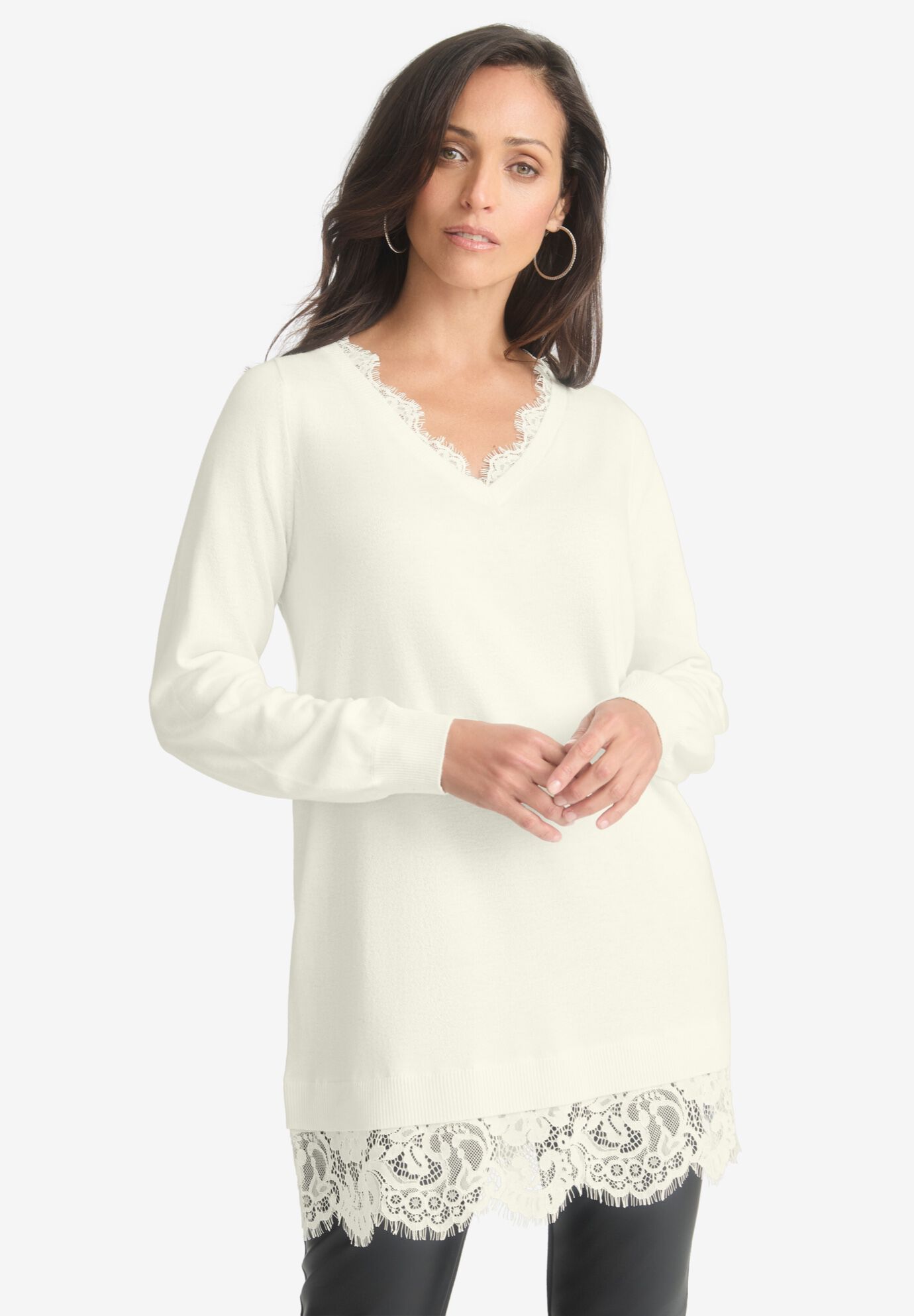 Lace Trim Pullover Sweater, IVORY, hi-res image number 0