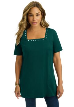 Stretch Cotton Studded Square Neck Tunic
