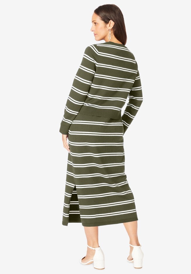 Two Piece Sweater Dress Set, OLIVE GREEN DOUBLE STRIPE, on-hover image number 1