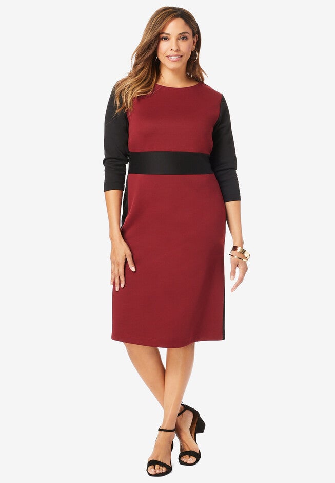 Colorblock Ponte Dress, RICH BURGUNDY BLACK, hi-res image number 0