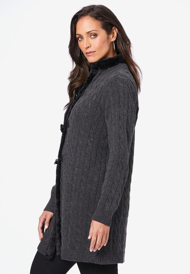 Fur Trim Toggle Cardigan, , alternate image number 2