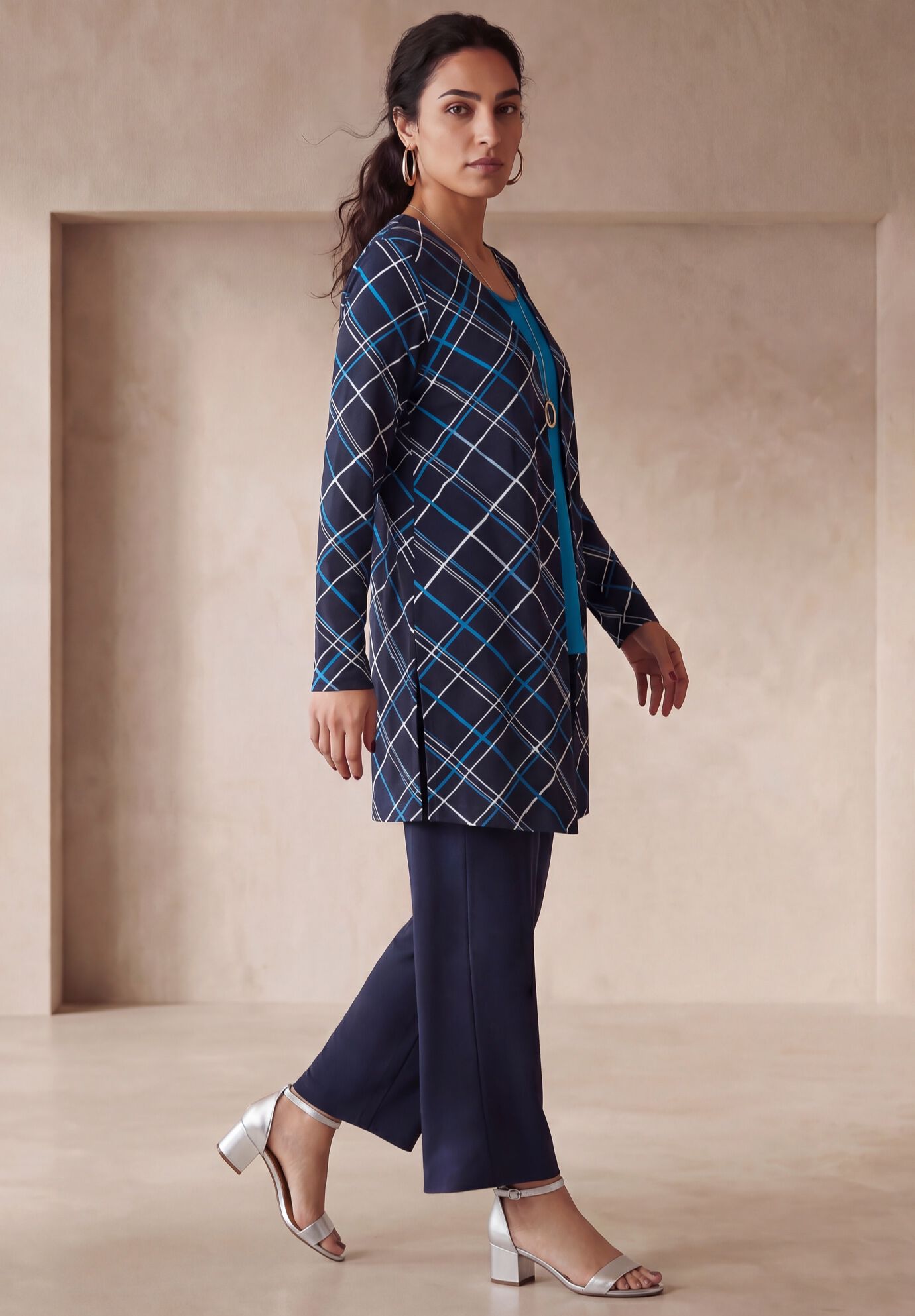 Everyday Stretch Knit Open Front Cardigan, NAVY BLUE BIAS STRIPE, alternate image number 2