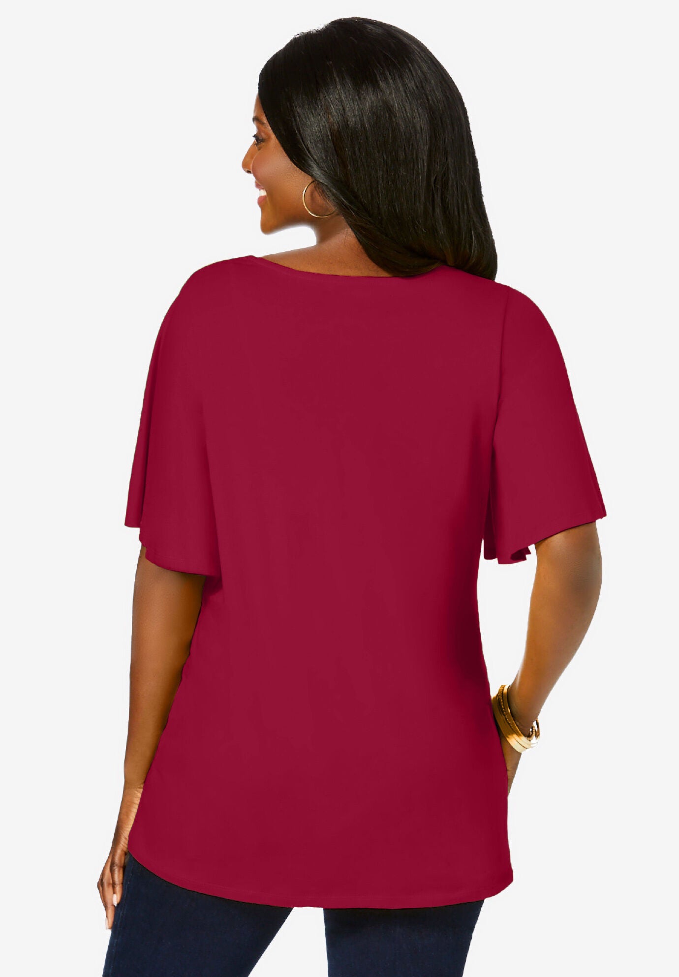 Stretch Knit Flutter Sleeve Tunic, RICH BURGUNDY, alternate image number 3