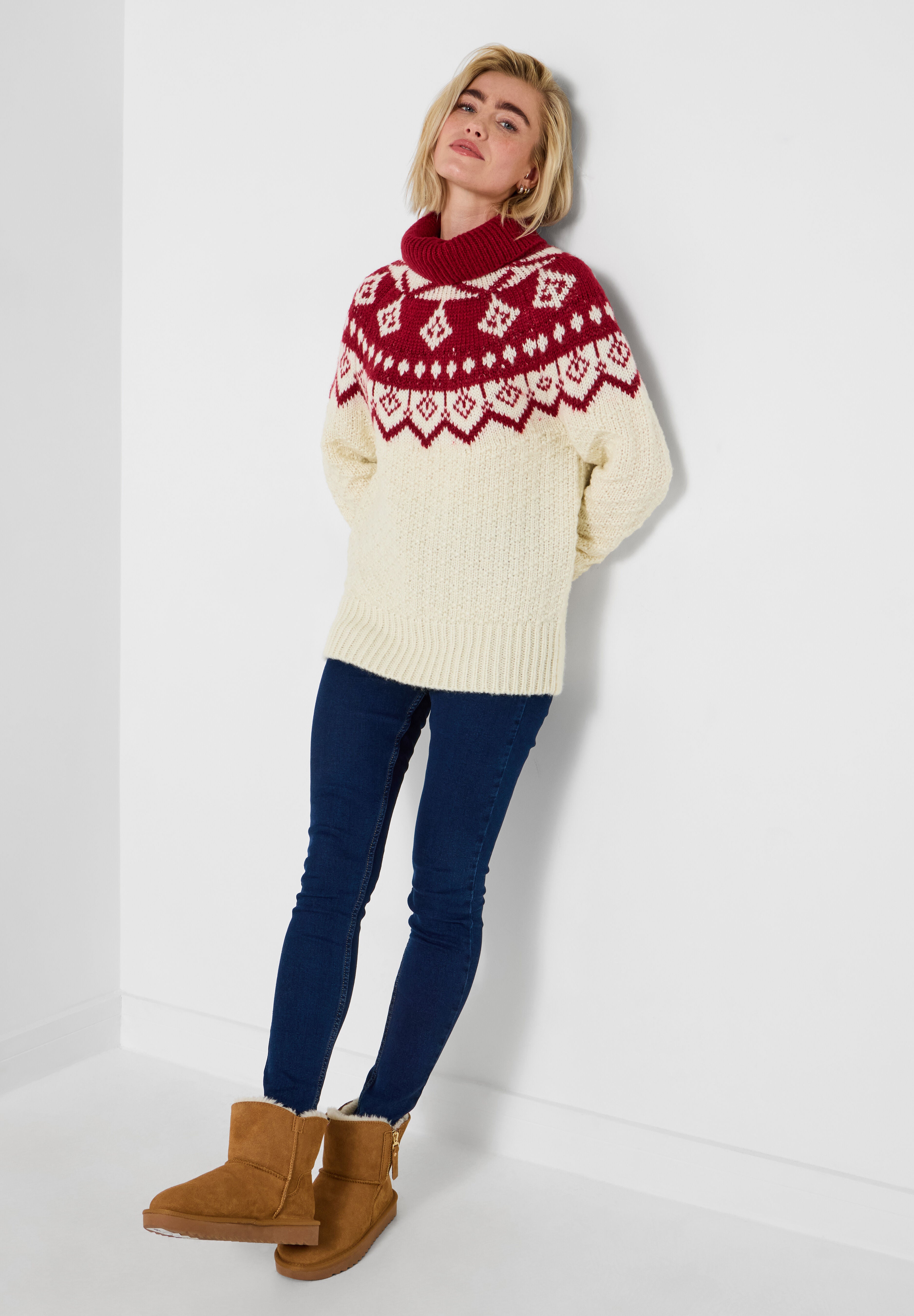 Festive Cowlneck Sweater, RED MEGA FAIRISLE, on-hover image number 1