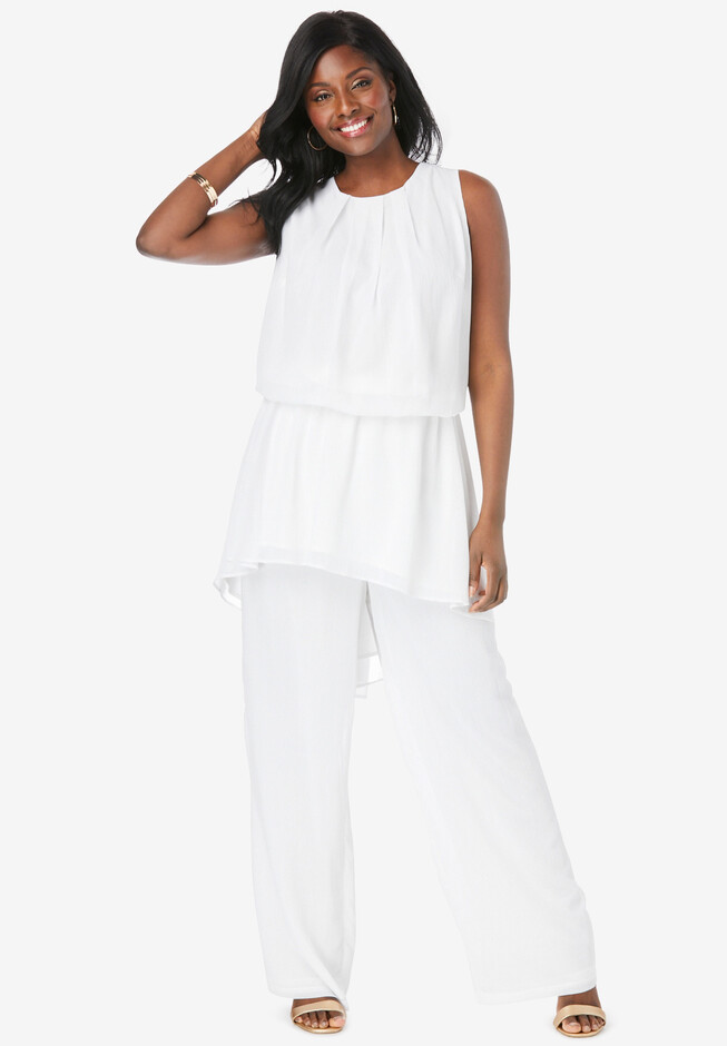 Jessica London Women's Plus Size Two Piece Sleeveless Tunic Top Capri Pants  Linen Blend Set - 12, White