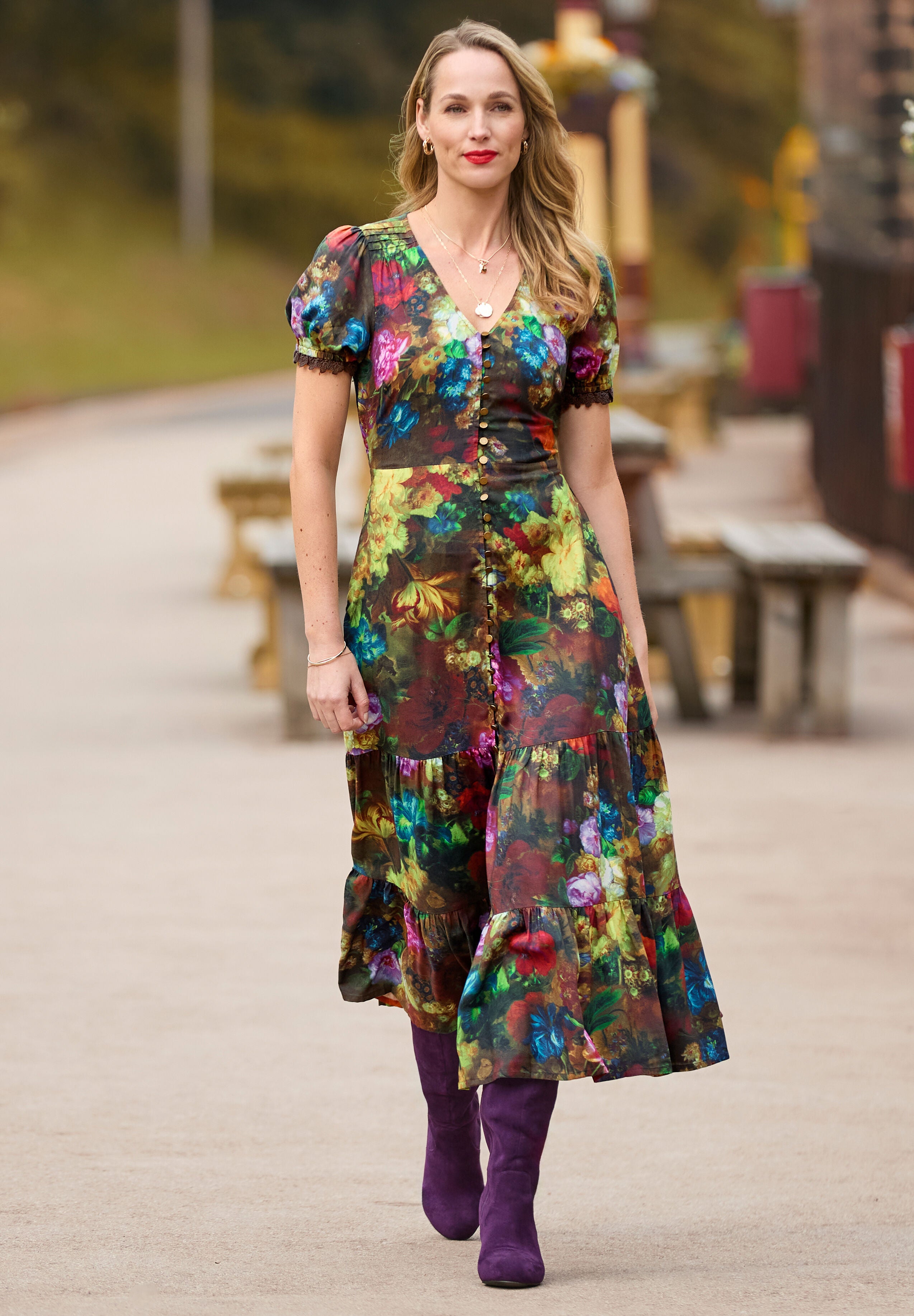 V-Neck Tiered Midi Dress, BAROQUE MULTI GARDEN, alternate image number 5